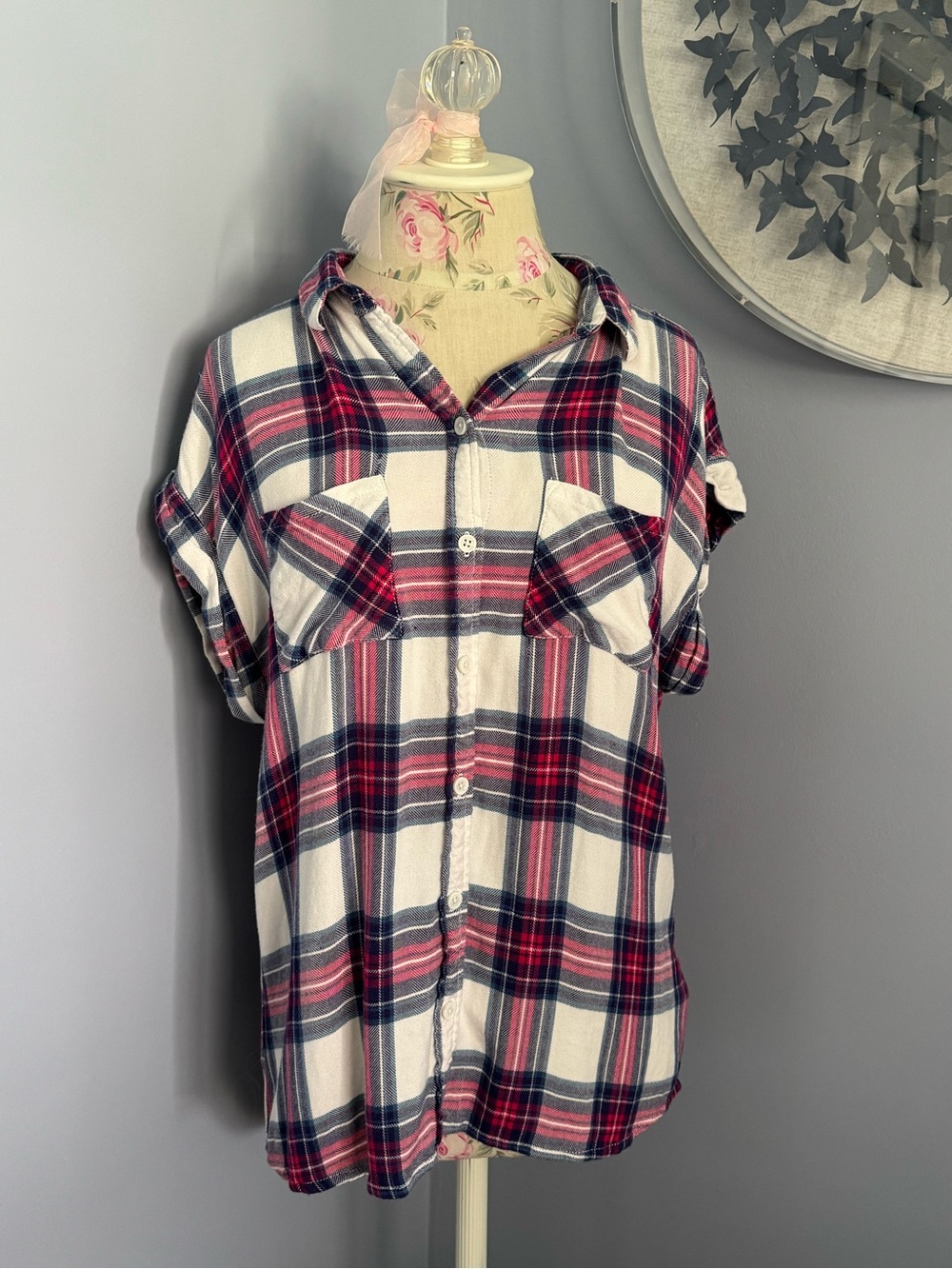 beachlunchlounge Red, Blue and White Plaid Button-Down Shirt